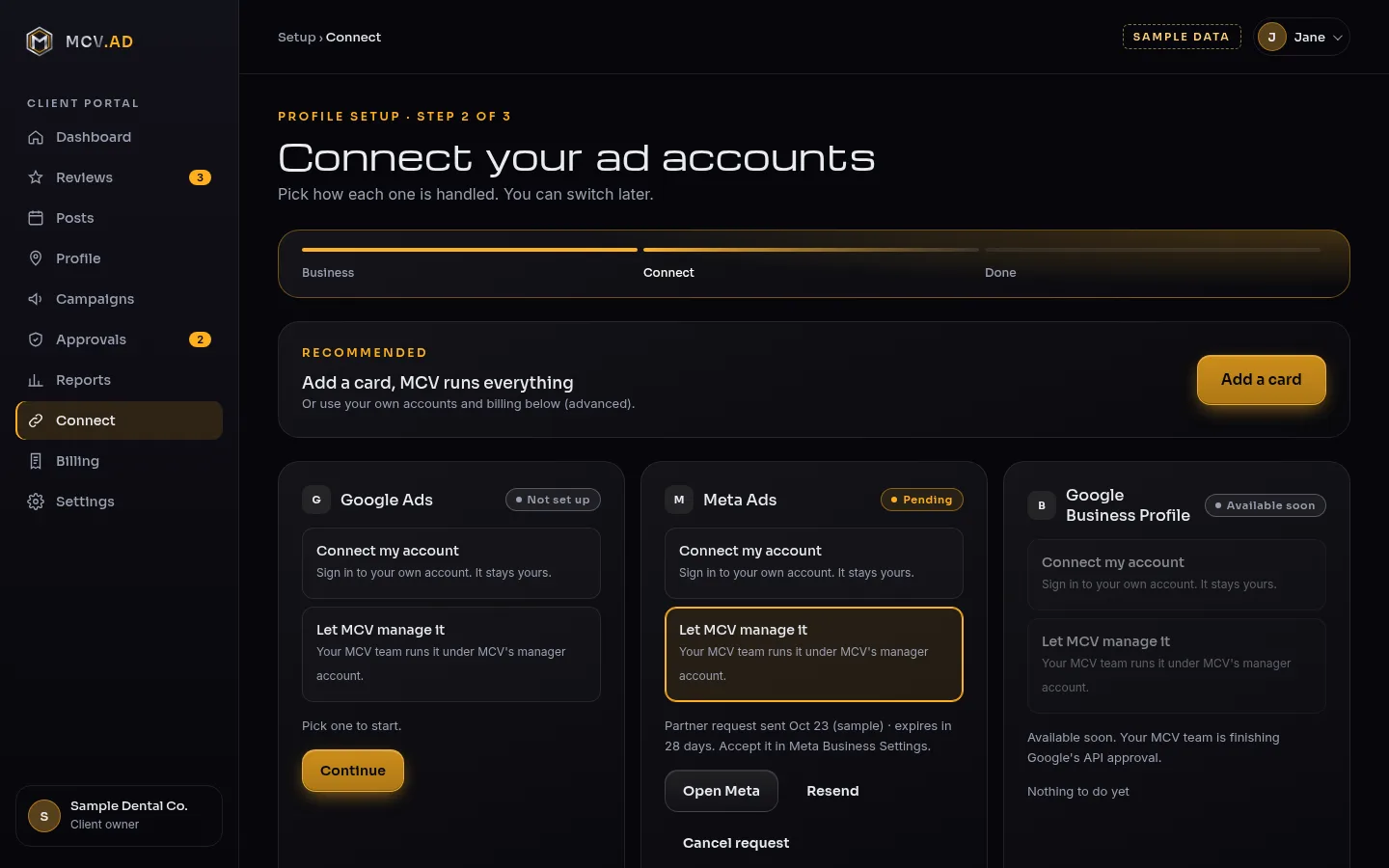 MCV.AD connect screen mockup